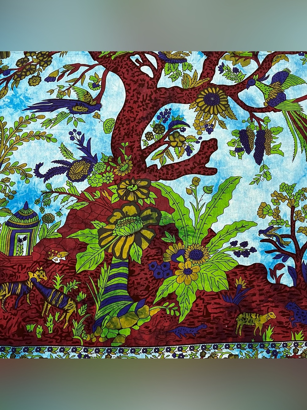 Boho style Tree of Life Bedspread w/ Peacocks Birds Blue Green Brown 90 “ X 80”